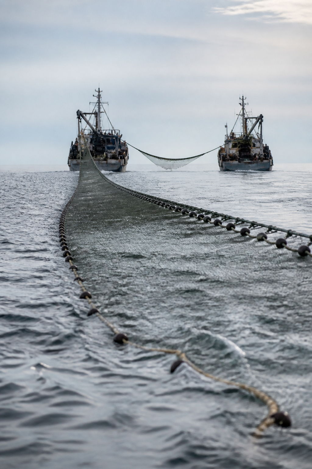 Deux chalutiers remorquant côte à côte un même chalut pélagique en bœufs, vus de l'arrière, funes tendues vers la mer