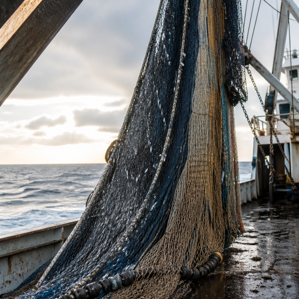 Chalut pélagique remonté le long du portique arrière d'un chalutier, poche du filet gonflée de poissons argentés