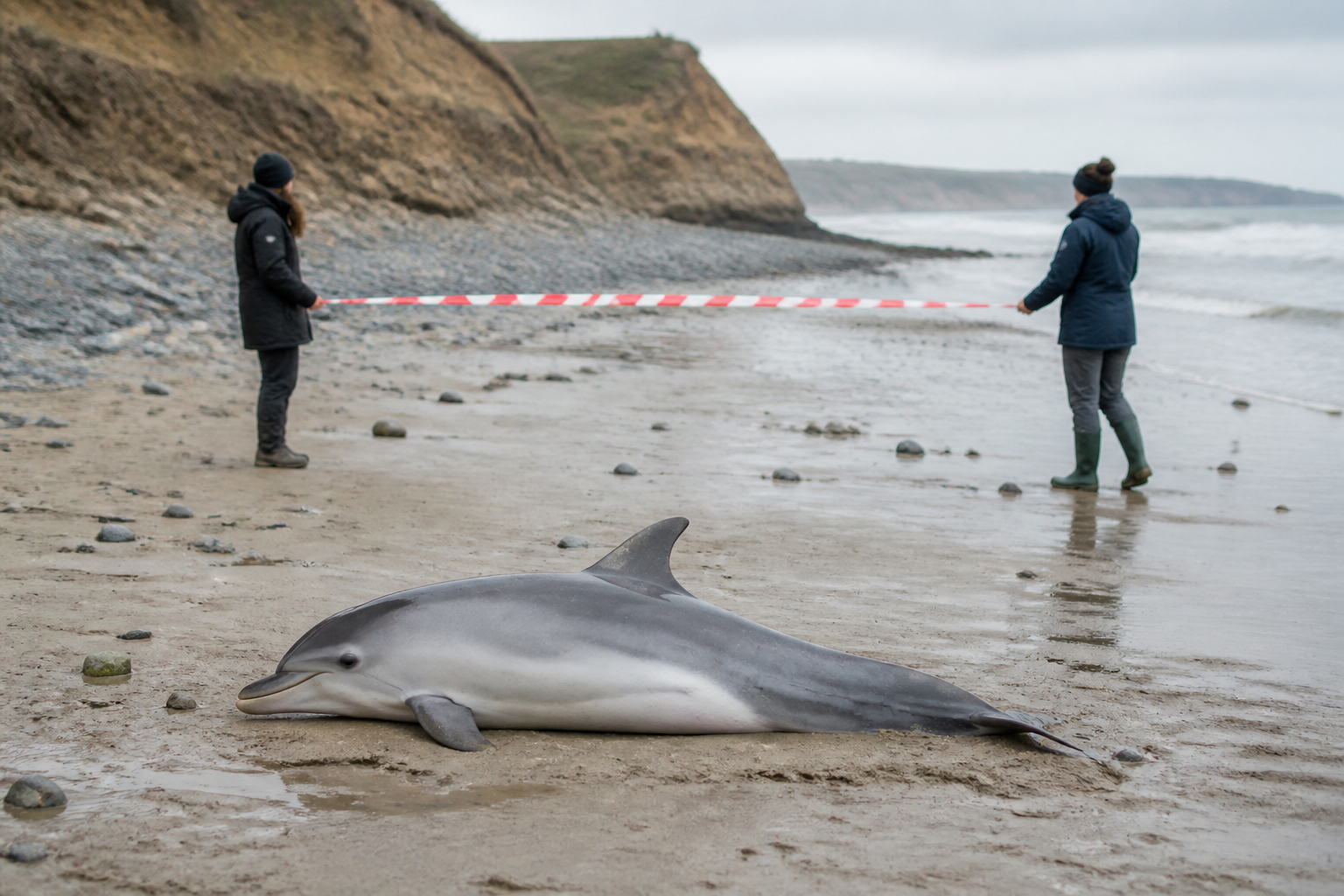 Petit cétacé échoué sur le sable, périmètre tenu à distance par deux personnes, plage de la côte atlantique