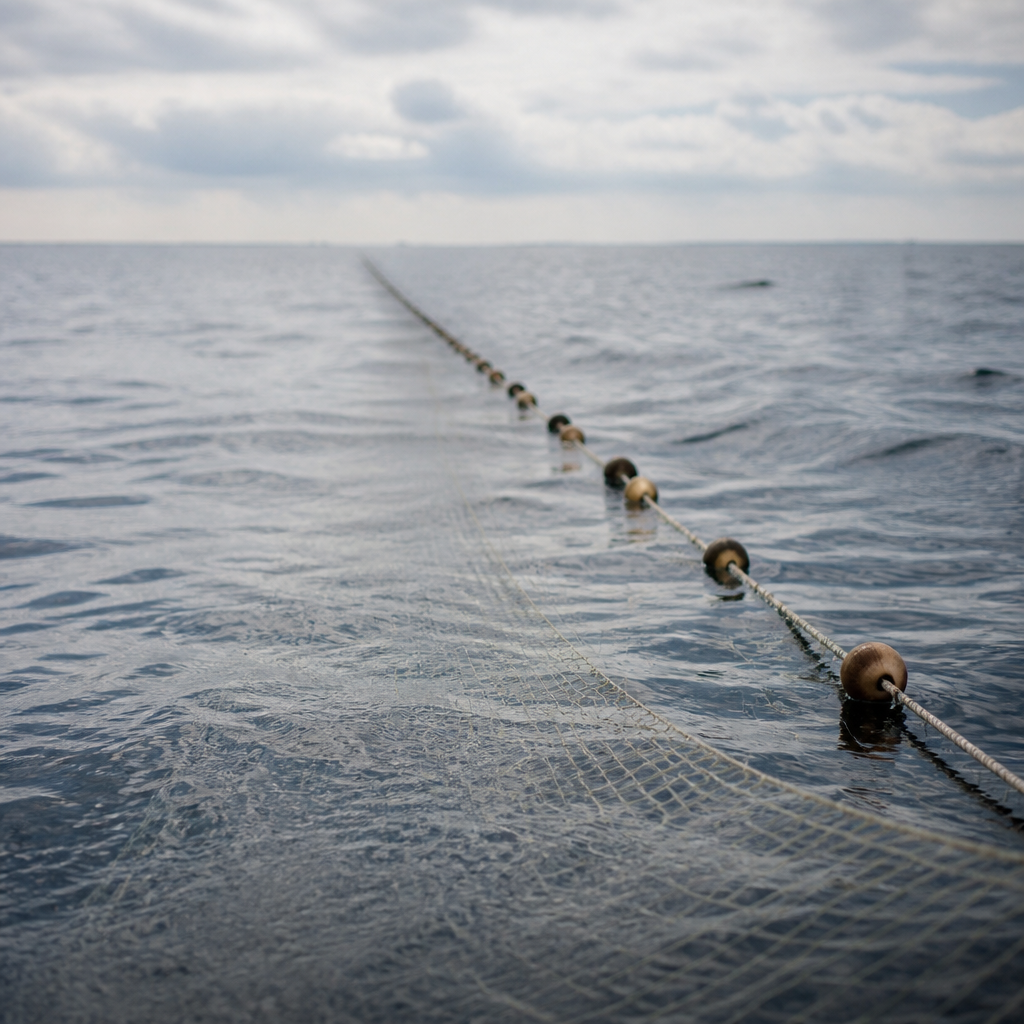 Nappe de filet maillant dérivant tendue à la surface de la mer, flotteurs alignés en ligne droite jusqu'à l'horizon