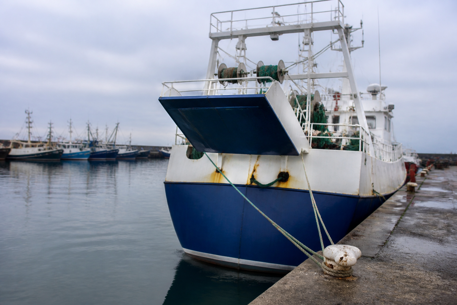 Chalutiers pélagiques amarrés le long du quai d'un port de pêche breton au petit matin