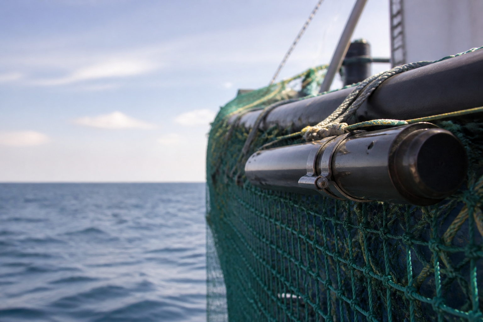Répulsif acoustique cylindrique fixé sur le bourrelet d'un filet de pêche, tenu dans une main gantée